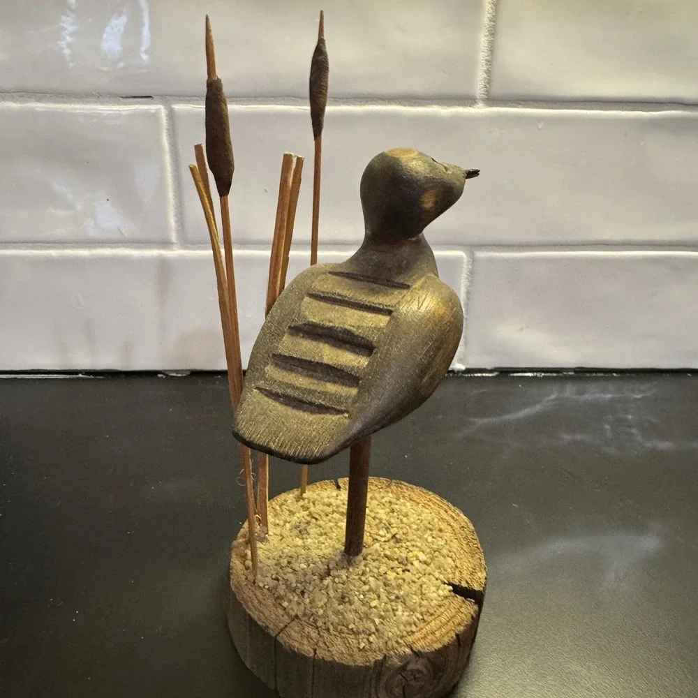 Vintage Wood Duck in The Reeds  Hand‎ Carved Folk Art On Live Edge Stand